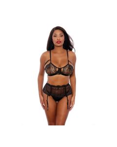 Two Tone Scalloped Lace Bra, High Waist Garter Belt & G-String Black/Silver